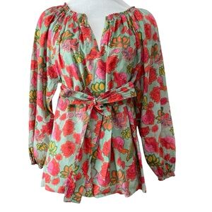 100% Cotton Soler Floral Blouse Top w Belt Made to Order $450 New Small/Medium